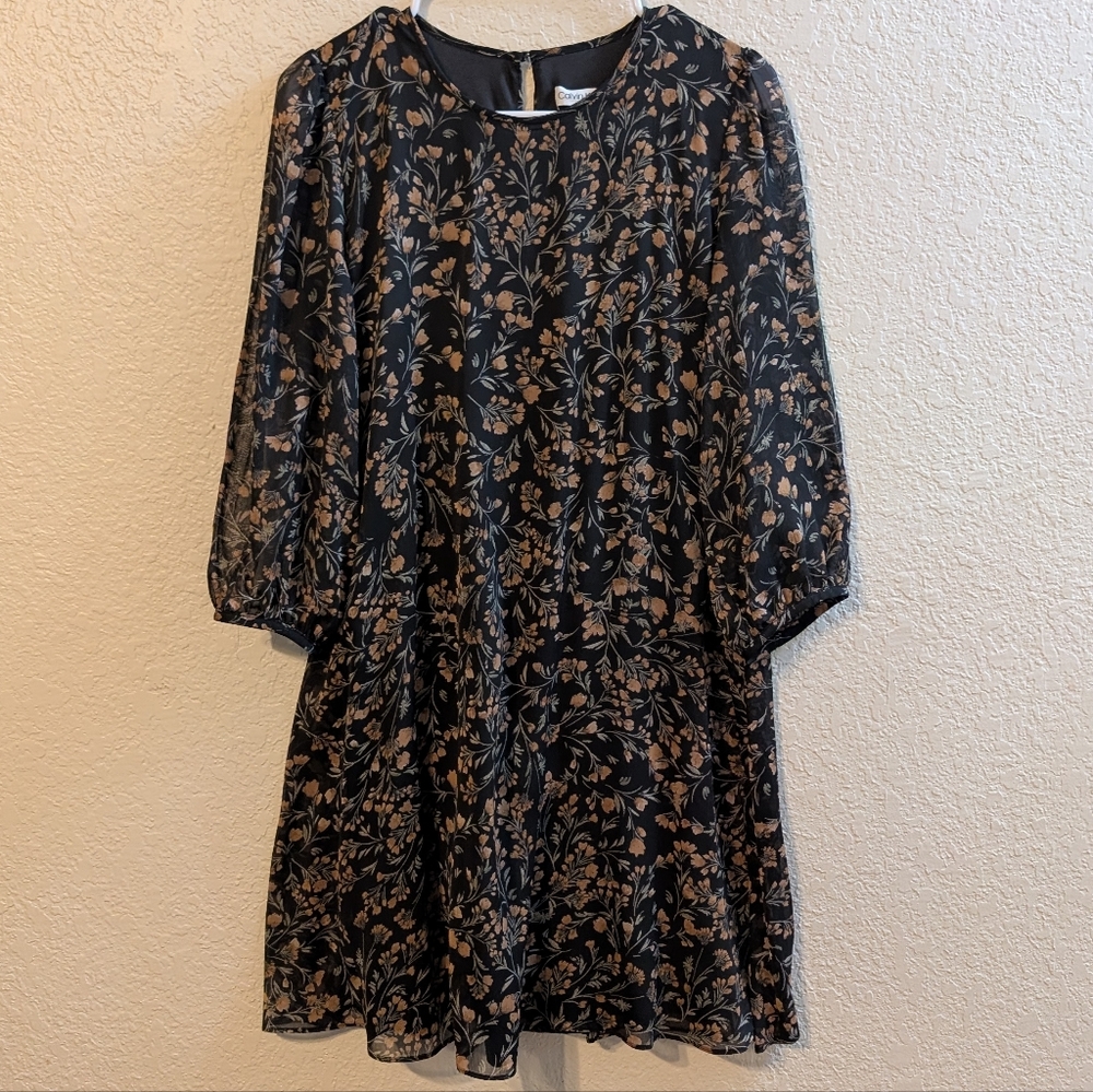 Calvin Klein Long Sleeve Mini Dress Dark Floral, Light Chiffon & Lined, Size 8